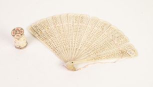 EARLY 20th CENTURY ORIENTAL CARVED AND PIERCED BONE BRISE FAN with twenty sticks having stylised