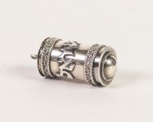 JEWISH SILVER COLOURED METAL CYLINDRICAL MEZUZAH PENDANT, decorated with Hewbrew text and image of a