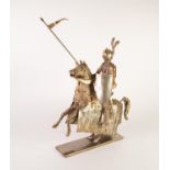 MODERN SCULPTED METAL MODEL OF AN ARMOURED KNIGHT ON HORSEBACK, holding a lance, on rectangular