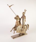 MODERN SCULPTED METAL MODEL OF AN ARMOURED KNIGHT ON HORSEBACK, holding a lance, on rectangular