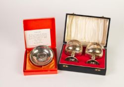 * BOXED PAIR OF SMALL SILVER STEM GOBLETS, in the form of brandy balloons with gilt interior,