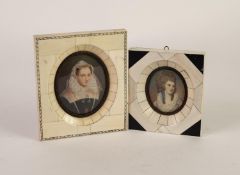 * EARLY 20th CENTURY OVAL MINIATURE OF MARY STUART, in piano key ivory frame, 3 1/2in (14cm) x 4 5/