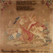 LARGE VICTORIAN PICTORIAL NEEDLE WORKED PANEL, depicting a girl reclining in a garden with small dog