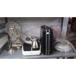 AN ELECTRIC TABLE TOP FAN; A BLACK ATTACHÉ CASE; AND PERSONAL WEIGHING SCALES, ETC.