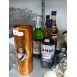 A GOLDEN JUBILEE ALE (1952-2002), IN CORONATION TIN AND FOUR BOTTLES OF SPIRITS TO INCLUDE;