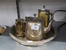 A HOTEL PLATE TEA SERVICE OF FOUR PIECES, ON AN ELECTROPLATE CIRCULAR, GALLERY TRAY