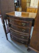 MAHOGANY SMALL BOW FRONTED CHEST OF FOUR GRADUATED LONG DRAWERS, DENTIL FRIEZE, BRACKET FEET, 2ft (