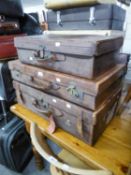 TWO LARGE VINTAGE BROWN HIDE SUITCASES