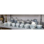 A GREY/BLUE AND WHITE CHINA DINNER, TEA AND COFFEE SERVICE FOR SIX PERSONS TO INCLUDE; 2 TEAPOTS,