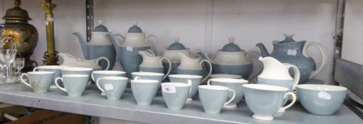 A GREY/BLUE AND WHITE CHINA DINNER, TEA AND COFFEE SERVICE FOR SIX PERSONS TO INCLUDE; 2 TEAPOTS,