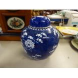 NANKIN BLUE AND WHITE GINGER JAR AND DOMED COVER, PAINTED IN BLUE AND WHITE WITH PRUNUS BLOSSOMS,