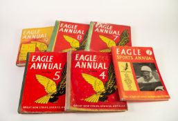 FIVE EAGLE ANNUALS, Nos 4, 5, 7, 8 and 9 only with dust jacket and an EAGLE SPORTS ANNUAL No 7, damp