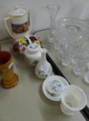 FIVE PIECES OF WEDGWOOD ?CLEMENTINE? PATTERN CHINA AND A CROWN STAFFORDSHIRE CHINA LARGE POSY BASKET