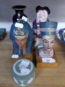 PAIR OF EGYPTIAN BUSTS OF KING AND QUEEN, ON WOODEN BASES; MELBA WARE TOBY JUG, FALSTAFF' WEDGWOOD