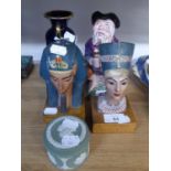 PAIR OF EGYPTIAN BUSTS OF KING AND QUEEN, ON WOODEN BASES; MELBA WARE TOBY JUG, FALSTAFF' WEDGWOOD