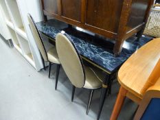 A 1970's ITALIAN MARBLE EFFECT DRAW LEAF DINING TABLE WITH EXTRA LEAF BELOW AND FOUR 1970's DINING