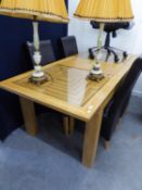 A LIGHT OAK KITCHEN DINING TABLE, WITH TWO INSET GLASS PROTECTORS, 6?8? X 3?