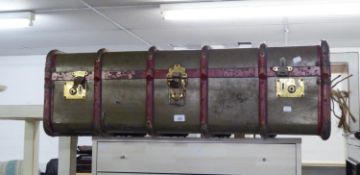 A FIBRE AND WOOD BOUND LARGE CABIN TRUNK