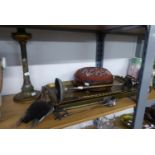 A LATE VICTORIAN TUNBRIDGE BANDED FOOTSTOOL, A PLATED METAL HEARTH COMPANION SET, A BRASS TOASTING