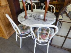 A BREAKFAST TABLE WITH GREY VEINED WHITE MARBLE CIRCULAR TOP, ON WHITE ENAMELLED CAST IRON COLUMN