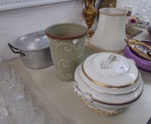 LOSOL WARE WHITE AND GILT LARGE CIRCULAR TWO HANDLED SOUP TUREEN AND COVER (cover as found); TWO