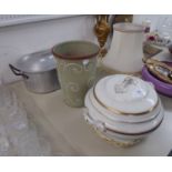 LOSOL WARE WHITE AND GILT LARGE CIRCULAR TWO HANDLED SOUP TUREEN AND COVER (cover as found); TWO