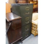 RONEO VINTAGE DARK GREEN ENAMELLED FOUR DRAWER FILING CABINET WITH BRASS HANDLES AND LABEL