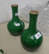 PAIR OF CHINESE GREEN GLAZED CRACKLE WARE GLOBE AND SHAFT SHAPED VASES, 8in (20.3cm)