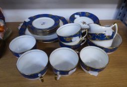 OLD ROYAL CHINA TEA SERVICE FOR SIX PERSONS, 22 PIECES, WITH BROAD BLUE BORERS WITH GILT FLORAL