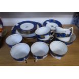 OLD ROYAL CHINA TEA SERVICE FOR SIX PERSONS, 22 PIECES, WITH BROAD BLUE BORERS WITH GILT FLORAL