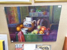 COLLAR (Modern) OIL PAINING ON UNFRAMED CANVAS STILL LIFE OF FRUIT AND OBJECTS SIGNED LOWER