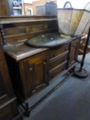 JACOBEAN STYLE OAK SIDEBOARD WITH LOW CANOPY BACK, THREE CENTRE DRAWERS AND END CUPBOARDS, WITH