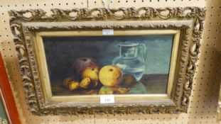 T.E.,  EARLY TWENTIETH CENTURY OIL PAINTING STILL LIFE WITH FRUIT AND WATER JUGSIGNED WITH