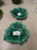 PAIR OF WEDGWOOD GREEN GLAZED LEAF PATTERN DISHES, 5 1/2in (13.9cm) long