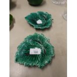 PAIR OF WEDGWOOD GREEN GLAZED LEAF PATTERN DISHES, 5 1/2in (13.9cm) long