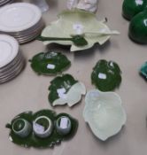 GREEN LEAF MOULDED CARLTON WARE SALAD BOWL; A PAIR OF SERVERS; FOUR OTHER PIECES AND THE MATCHING