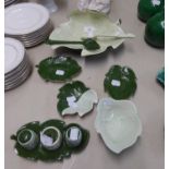 GREEN LEAF MOULDED CARLTON WARE SALAD BOWL; A PAIR OF SERVERS; FOUR OTHER PIECES AND THE MATCHING