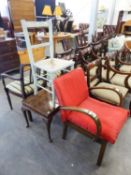 1930?S FIRESIDE ARMCHAIR WITH CARVED ARMS, A BEDROOM CHAIR AND A MAHOGANY COFFEE TABLE (3)