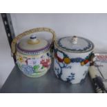 POOLE POTTERY BISCUIT BARREL AND A LOSOL WARE ?CHANDOS? PATTERN BISCUIT BARREL WITH CANE BOUND SWING