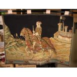 GOOD QUALITY MODERN MACHINE WOVEN WOOLWORK TAPESTRY WALL HANGING, depicting 14th Century nobleman on