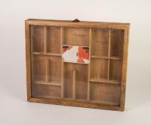 BEECHWOOD AND GLAZED COUNTER TOP CIGAR DISPLAY CASE, each compartment with printed detail of what