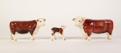 BESWICK GLOSS CHINA FAMILY OF HEREFORD CATTLE, comprising: BULL (CHAMPION OF CHAMPIONS), COW (
