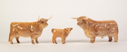 BESWICK GLOSS CHINA FAMILY OF HIGHLAND LONGHORN CATTLE, comprising: BULL (2008), COW (1740) and CALF