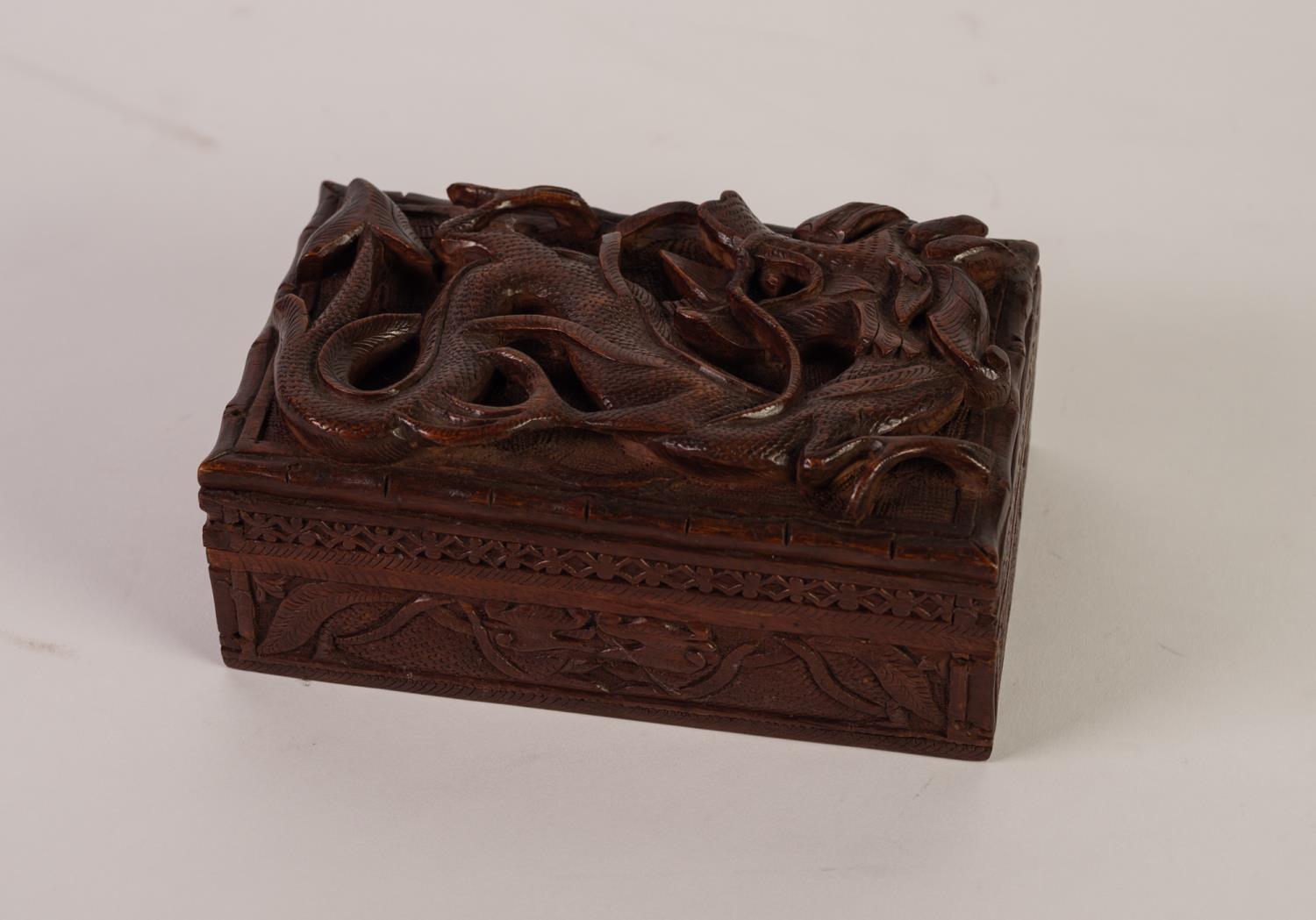 EARLY 20th CENTURY CARVED WOODEN BOX, the hinged lid in bold undercut relief with a mythical dragon,