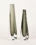 NILS LANDBERG FOR ORREFORS GLASS, GRADUATED PAIR OF SOMMERSO VASES, each of slender, triangular form