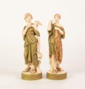 PAIR OF INTER-WAR YEARS ROYAL DUX PORCELAIN CLASSICAL FEMALE FIGURES, one carrying a jug, a dove