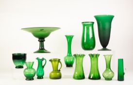 TWELVE PIECES OF NINETEENTH CENTURY AND LATER GREEN GLASS, comprising: EIGHT VASES, the tallest,