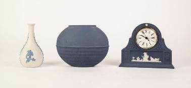 WEDGWOOD DARK LAVENDER AND WHITE JASPER WARE MANTEL CLOCK, with German alarm movement, 5 1/2in (