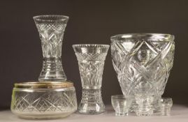 PAIR OF CUT GLASS VASES, each of waisted form, 8 ½? (16.5cm) high, together with a CUT GLASS FRUIT
