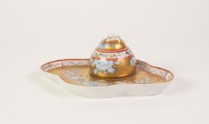 A POST -WAR DRESDEN PORCELAIN INKSTAND, the domed ink pot with removable floral knopped cover, and